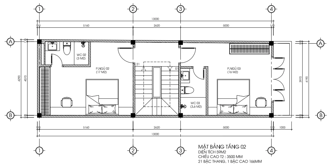 Bản vẽ mặt bằng công năng tầng 2 mẫu nhà phố 3 tầng hiện đại diện tích 59m2 