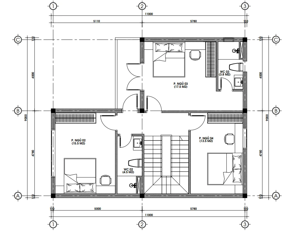Bản vẽ bố trí công năng tầng 2 mẫu nhà phố 3 tầng hiện đại diện tích 91m2.