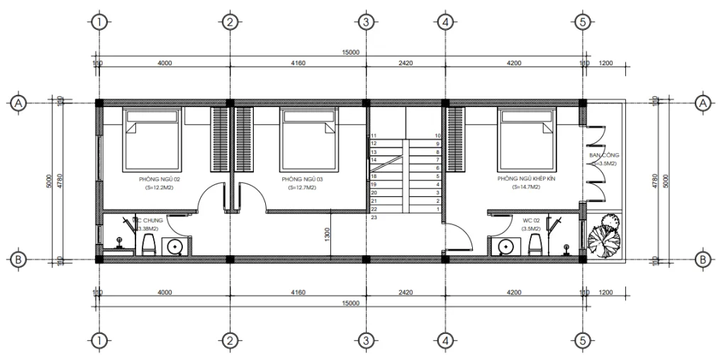 Bản vẽ chi tiết mặt bằng tầng 2 mẫu nhà phố 2 tầng 1 tum 5x15m với diện tích sàn 81m2.