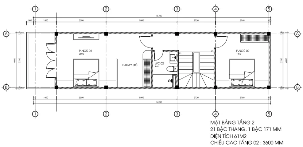 Bản vẽ bố trí công năng tầng 2 mẫu nhà phố 3 tầng tân cổ điển diện tích 61m2.