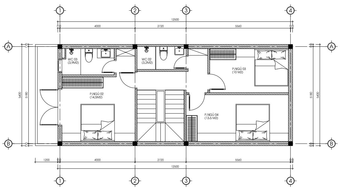 Bản vẽ bố trí công năng tầng 2 mẫu nhà phố 2 tầng 1 tum hiện đại diện tích 73.5 m2.
