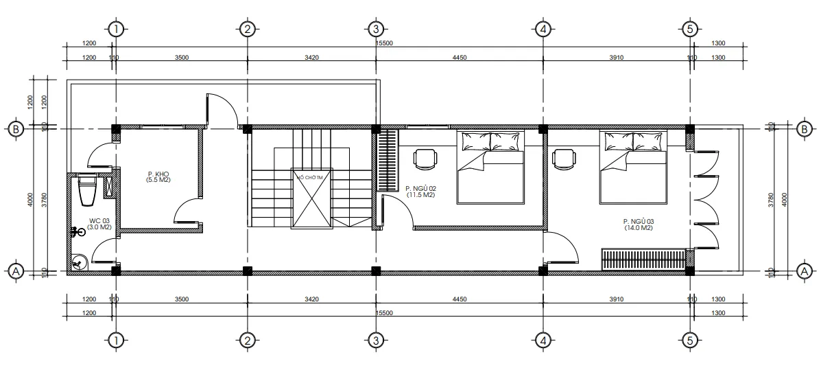 Bản vẽ bố trí công năng tầng 2 mẫu nhà phố 3 tầng 1 lửng hiện đại diện tích 74m2.