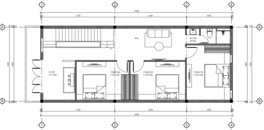 Bản vẽ bố trí công năng tầng 2 mẫu nhà phố 2 tầng hiện đại diện tích 95m2.