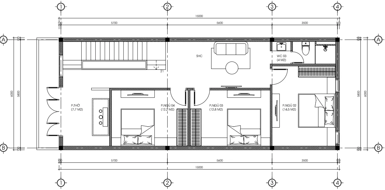 Bản vẽ bố trí công năng tầng 2 mẫu nhà phố 2 tầng hiện đại diện tích 95m2.