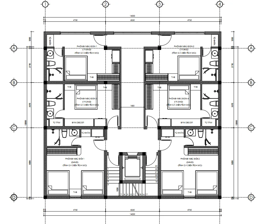 Bản vẽ chi tiết mặt bằng công năng tầng 2,3,4,5 mẫu thiết kế nhà phố 5 tầng tại Lai Châu diện tích 185m2.