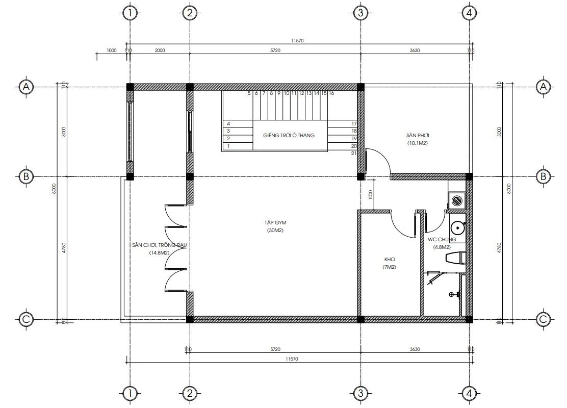 Bản vẽ bố trí công năng tầng 3 mẫu nhà phố 3 tầng hiện đại diện tích 72m2