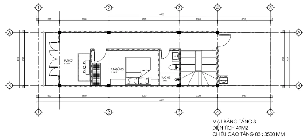 Bản vẽ bố trí công năng tầng 3 mẫu nhà phố 3 tầng tân cổ điển diện tích 49m2.
