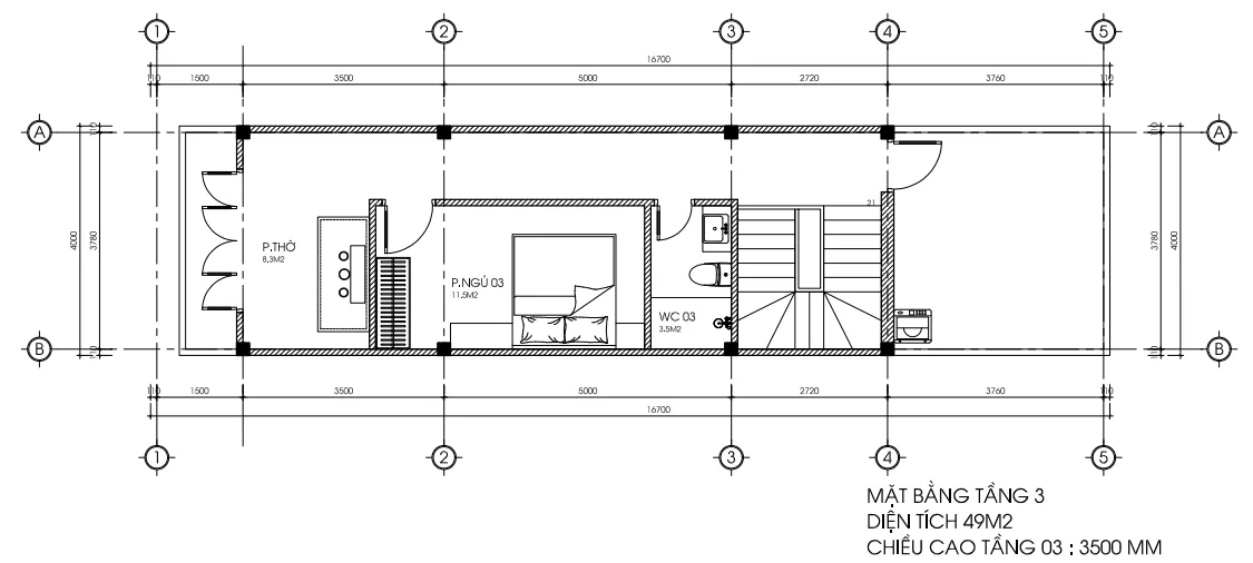 Bản vẽ bố trí công năng tầng 3 mẫu nhà phố 3 tầng tân cổ điển diện tích 49m2.