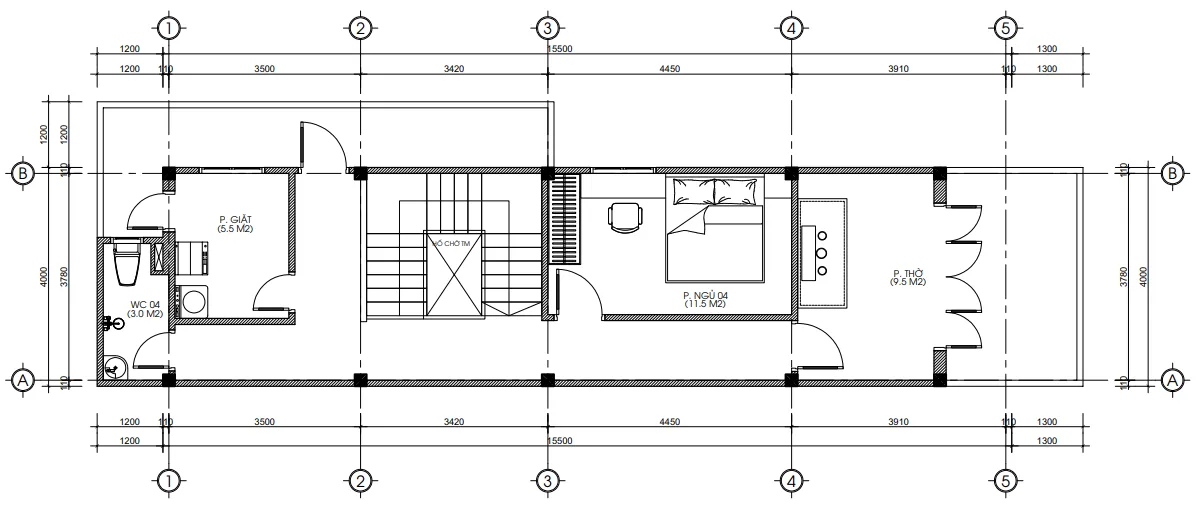 Bản vẽ bố trí công năng tầng 3 mẫu nhà phố 3 tầng 1 lửng hiện đại diện tích 63m2.