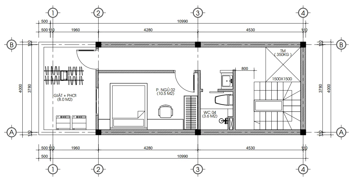 Bản vẽ bố trí công năng tầng 5 mẫu nhà ống 5 tầng đẹp diện tích 46m2.