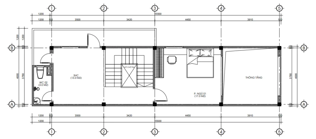 Bản vẽ bố trí công năng tầng lửng mẫu nhà phố 3 tầng 1 lửng hiện đại diện tích 54m2.
