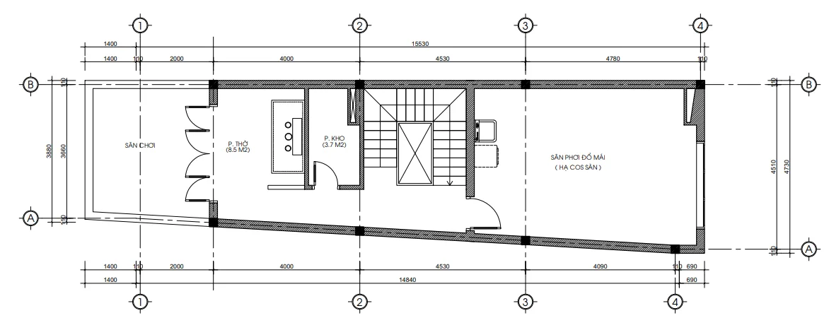 Bản vẽ bố trí công năng tầng tum mẫu nhà ống 3 tầng 1 tum hiện đại diện tích 31m2.