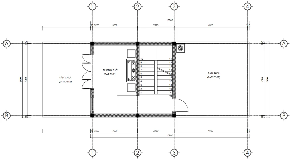 Bản vẽ bố trí công năng tầng tum gồm phòng thờ diện tích 28m2.