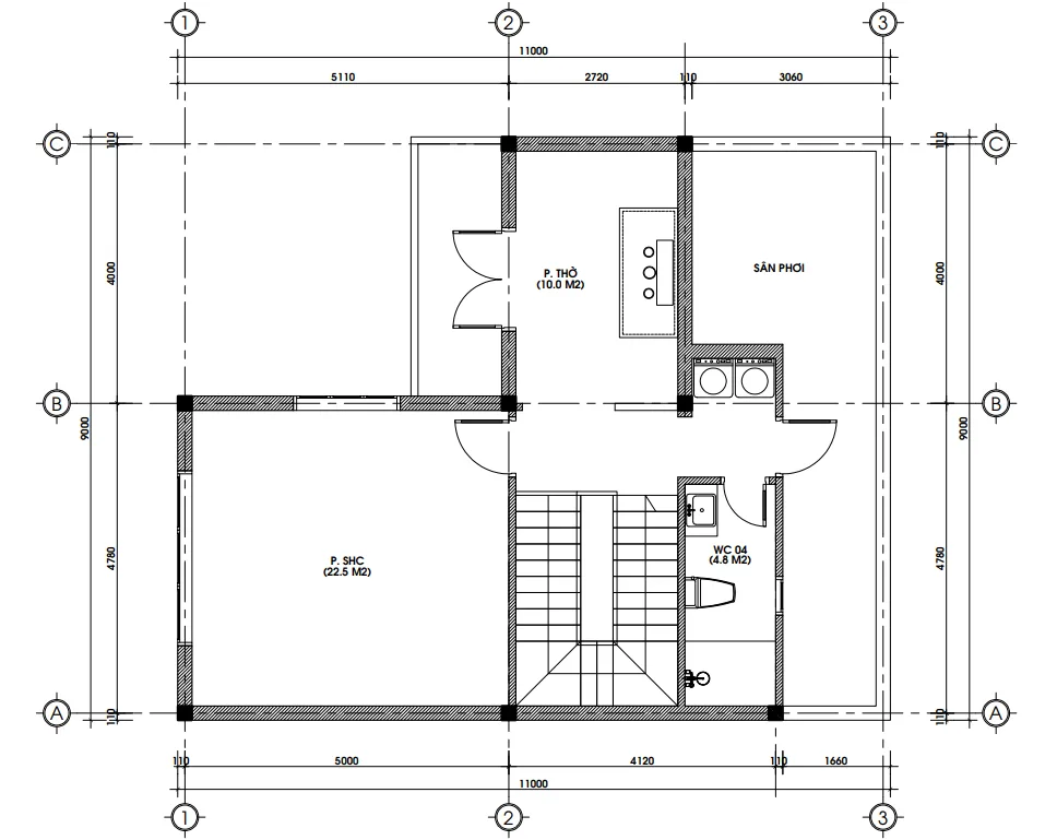 Bản vẽ bố trí công năng tầng tum mẫu nhà phố 3 tầng hiện đại diện tích 91m2.