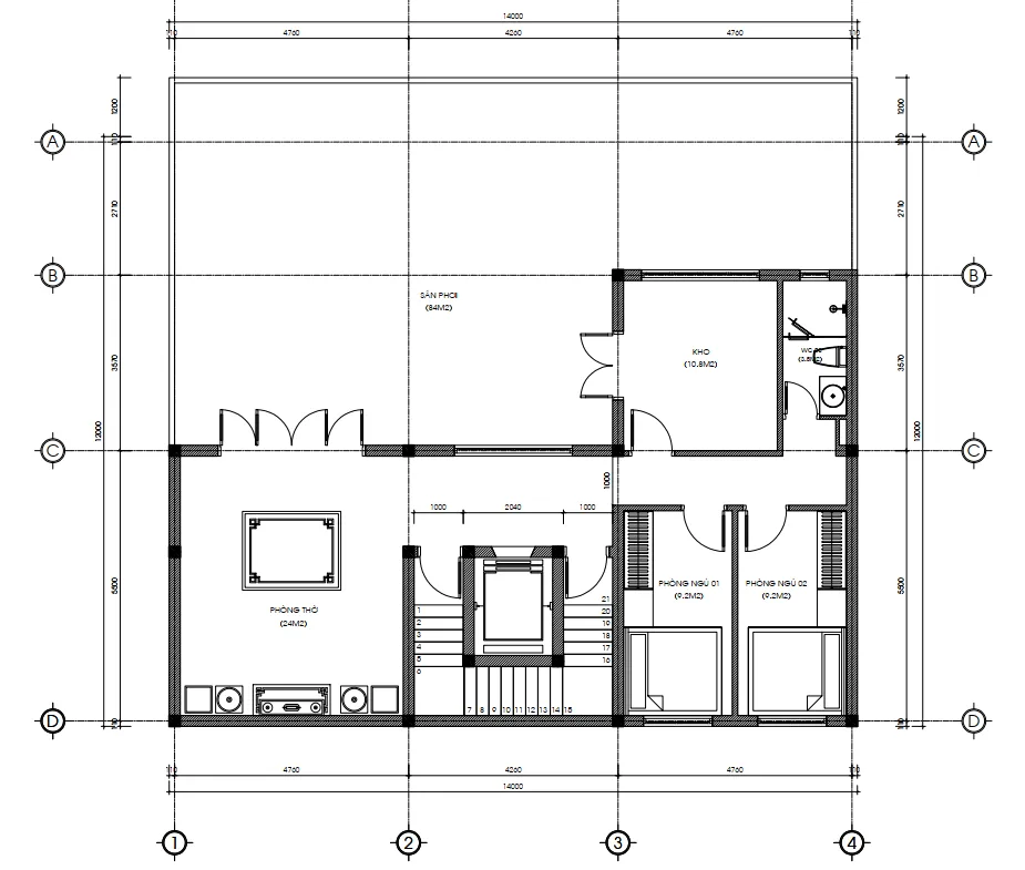 Bản vẽ chi tiết mặt bằng công năng tầng tum mẫu thiết kế nhà phố 5 tầng tại Lai Châu diện tích 98m2.
