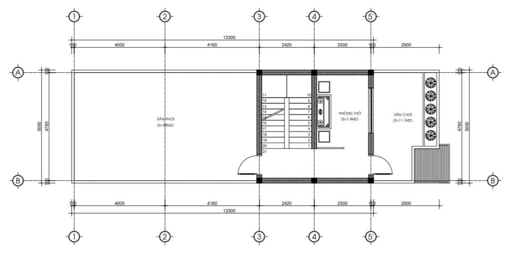 Bản vẽ chi tiết mặt bằng tầng tum mẫu nhà phố 2 tầng 1 tum 5x15m với diện tích sàn 26m2.