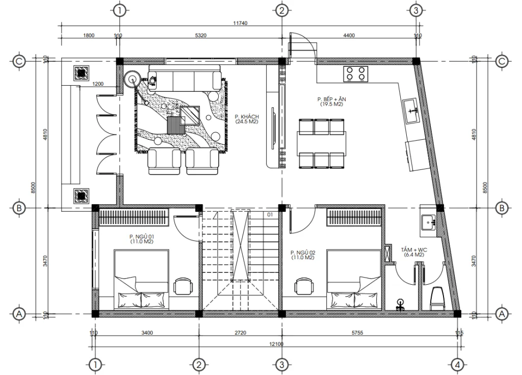 Bản vẽ bố trí công năng tầng 1 mẫu nhà 2 tầng mái Nhật diện tích 100m2 gồm phòng khách, bếp ăn và 2 phòng ngủ.