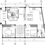 Bản vẽ bố trí công năng tầng 1 mẫu nhà 2 tầng mái Nhật diện tích 100m2 gồm phòng khách, bếp ăn và 2 phòng ngủ.