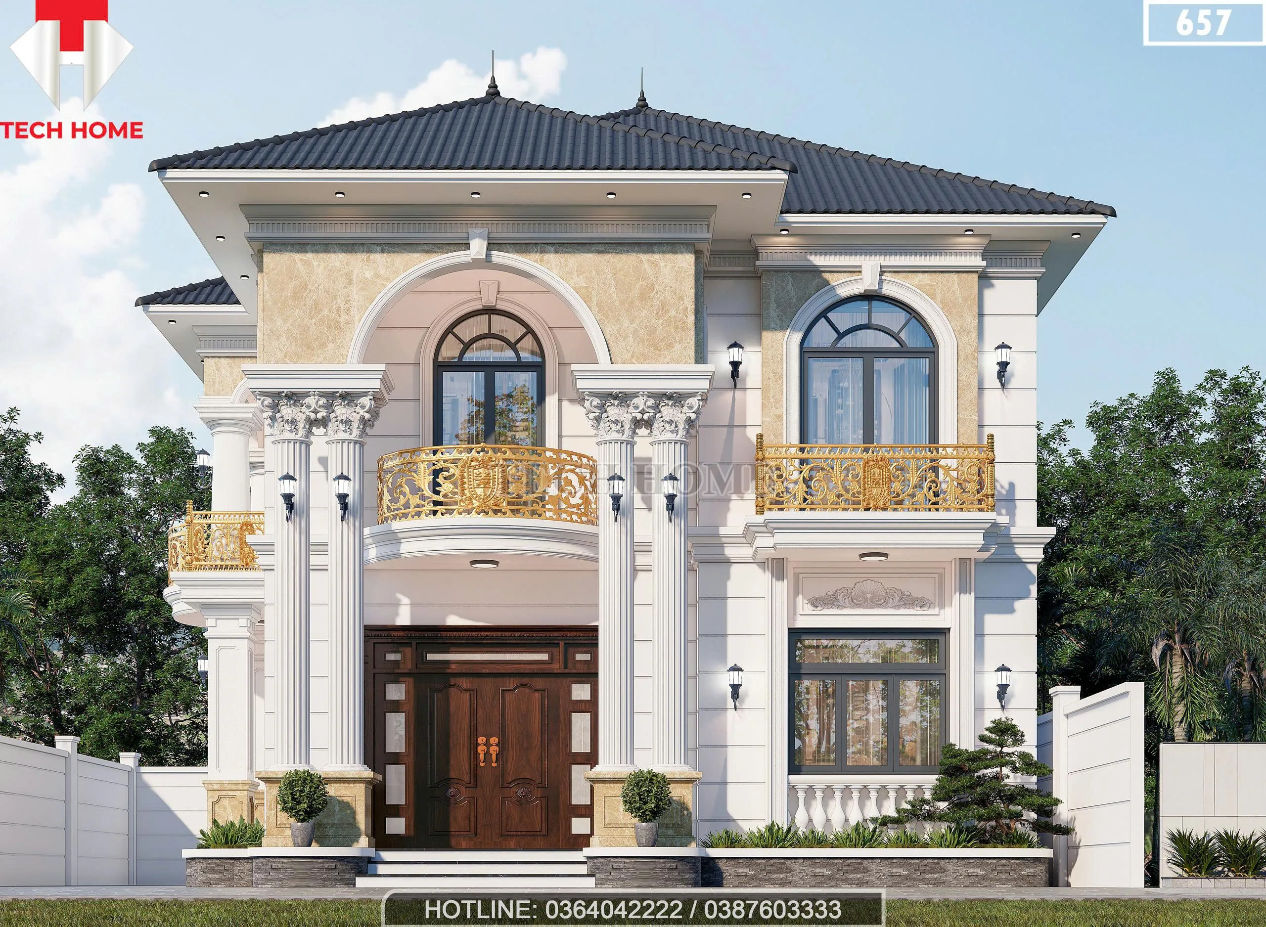 Phối cảnh mặt tiền chính diện mẫu biệt thự 2 tầng tân cổ điển sang trọng tại Quảng Oai Hà Nội.