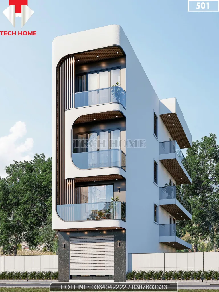 Góc nghiêng mẫu nhà phố 3 tầng 1 lửng hiện đại