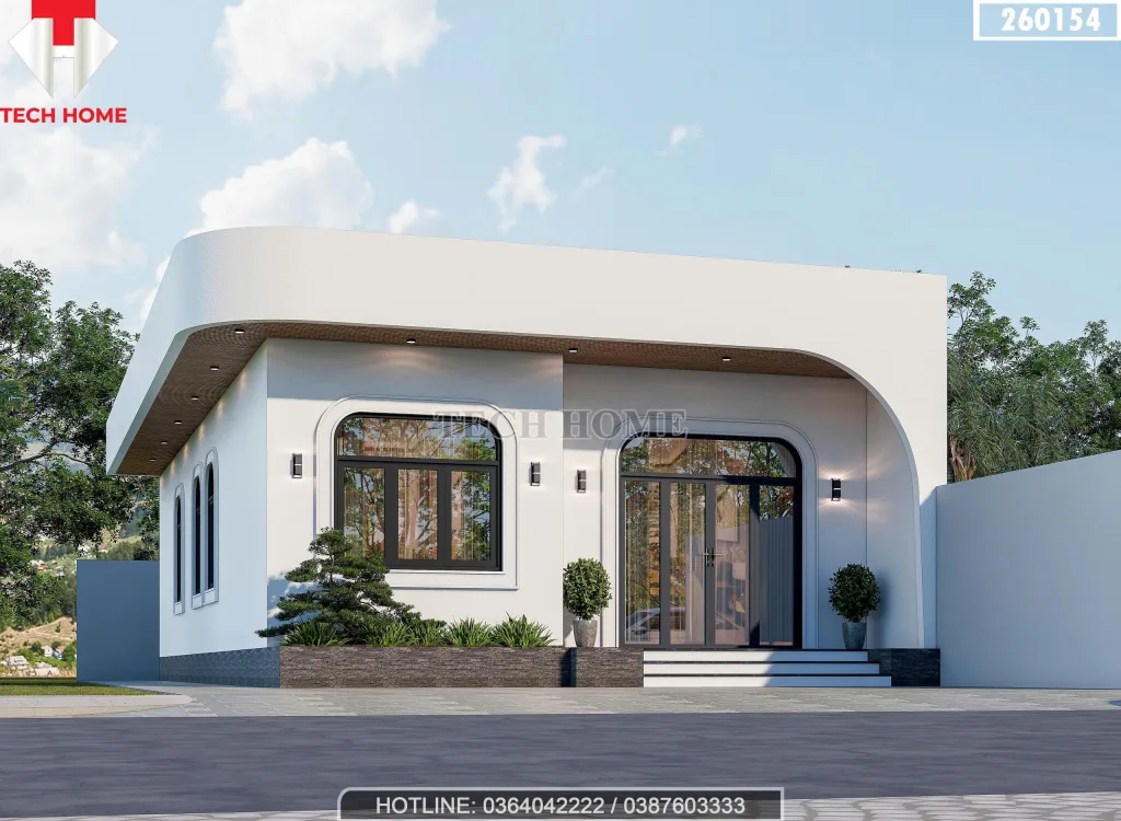 Góc nghiêng mẫu thiết kế nhà cấp 4 mái bằng 4 phòng ngủ với hệ cửa kính lớn lấy sáng tự nhiên sang trọng.