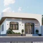 Góc nghiêng mẫu thiết kế nhà cấp 4 mái bằng 4 phòng ngủ với hệ cửa kính lớn lấy sáng tự nhiên sang trọng.