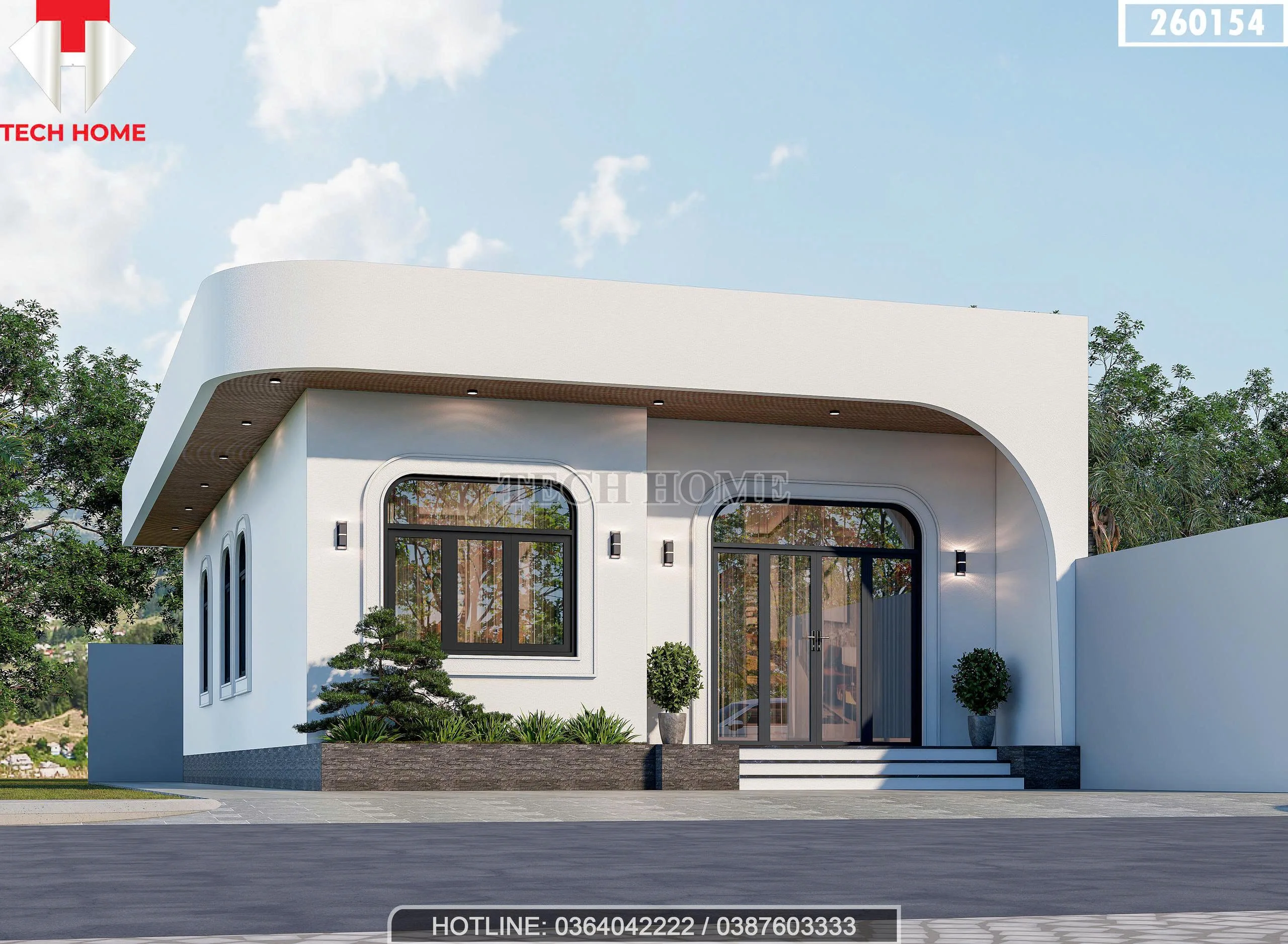 Góc nghiêng mẫu thiết kế nhà cấp 4 mái bằng 4 phòng ngủ với hệ cửa kính lớn lấy sáng tự nhiên sang trọng.