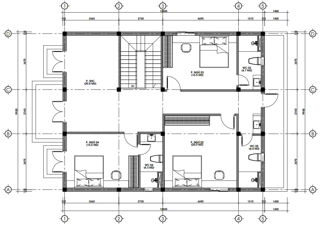 Mặt bằng thiết kế tầng 2 với 3 phòng ngủ và phòng sinh hoạt chung tiện nghi.