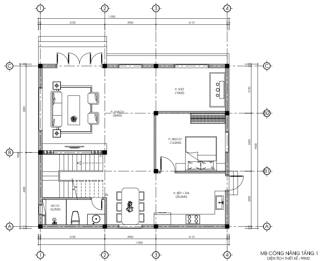 Bản vẽ bố trí công năng tầng 1 mẫu nhà 2 tầng hiện đại diện tích 99m2 của Techhome.