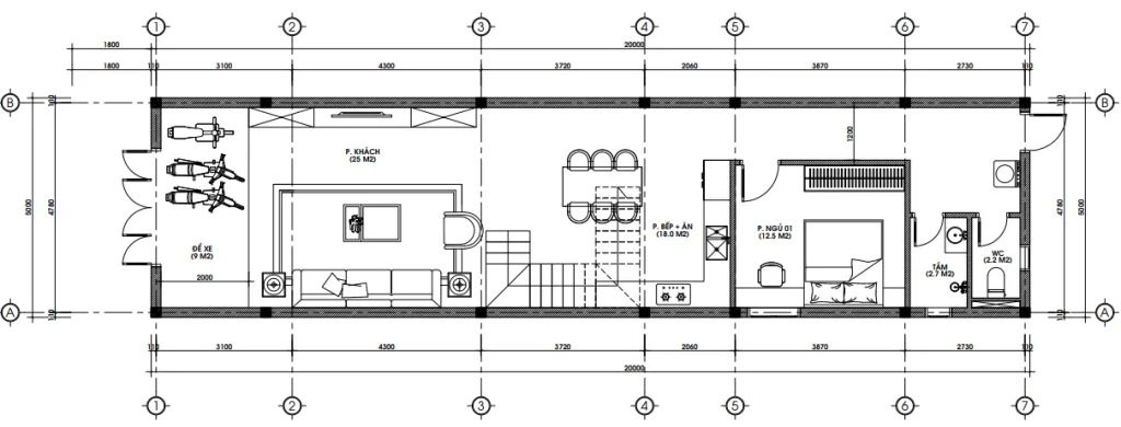Bản vẽ bố trí công năng tầng 1 mẫu nhà phố 2 tầng tân cổ điển gồm phòng khách, bếp ăn và 1 phòng ngủ.