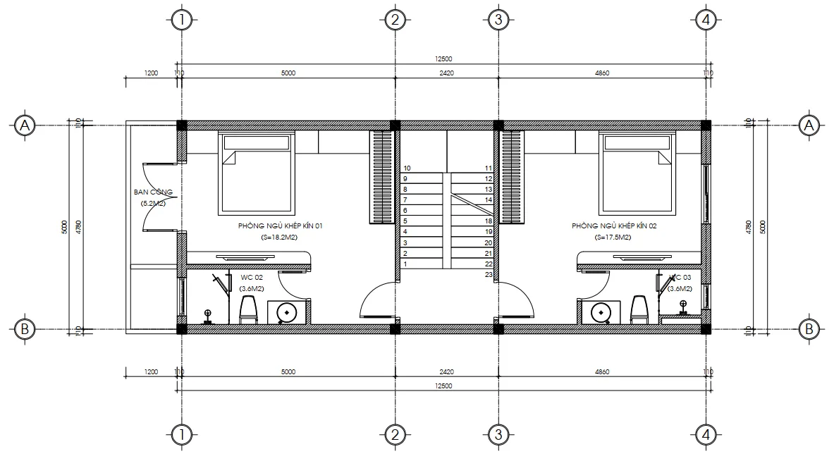 Bản vẽ mặt bằng tầng 2 mẫu nhà phố hiện đại với 2 phòng ngủ khép kín tiện nghi.