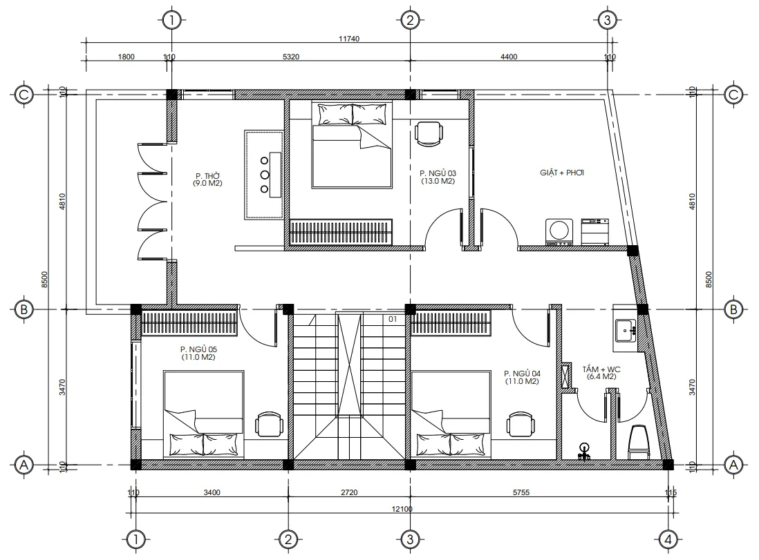 Chi tiết mặt bằng tầng 2 mẫu nhà 2 tầng mái Nhật bố trí 3 phòng ngủ và phòng thờ rộng rãi.