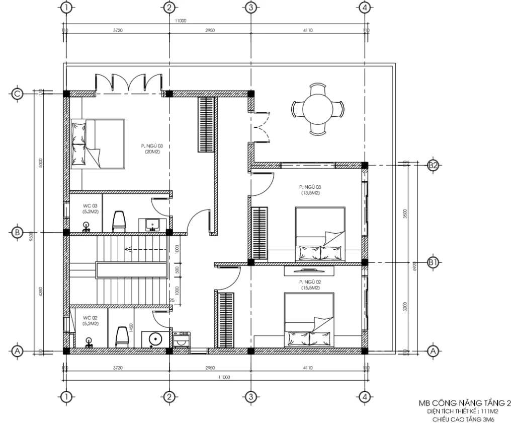 Bản vẽ bố trí công năng tầng 2 mẫu nhà 2 tầng hiện đại diện tích 111m2 của Techhome.