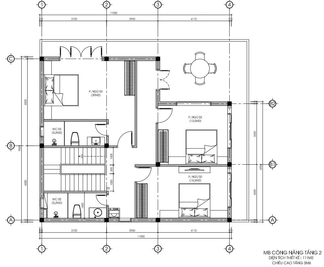 Bản vẽ bố trí công năng tầng 2 mẫu nhà 2 tầng hiện đại diện tích 111m2 của Techhome.