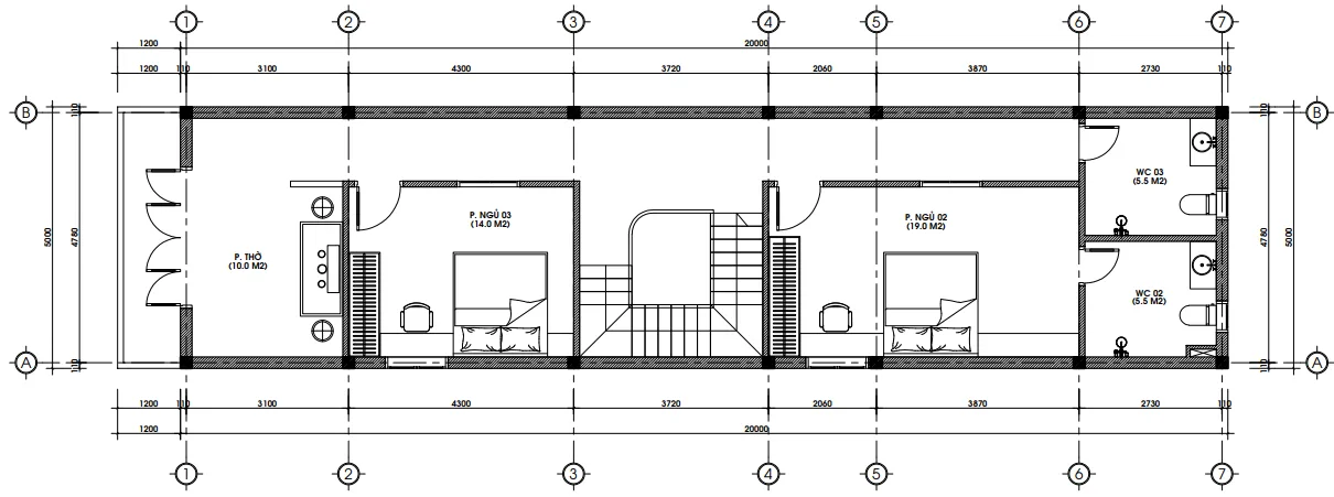 Bản vẽ bố trí công năng tầng 2 mẫu nhà phố 2 tầng tân cổ điển diện tích 100m2.
