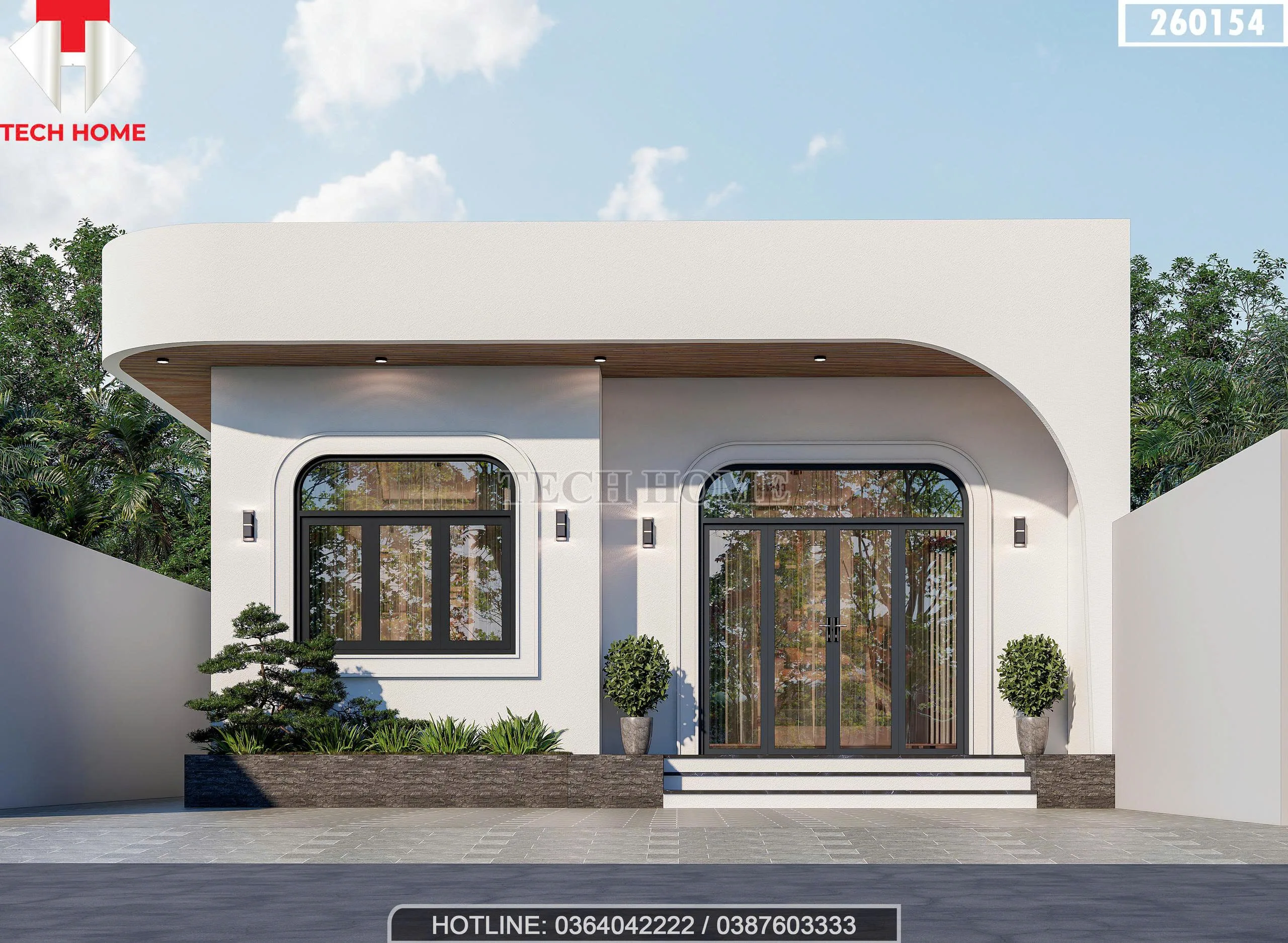 Phối cảnh mặt tiền chính diện mẫu nhà cấp 4 mái bằng hiện đại màu trắng với chi tiết bo cong mềm mại tại Hà Nội.