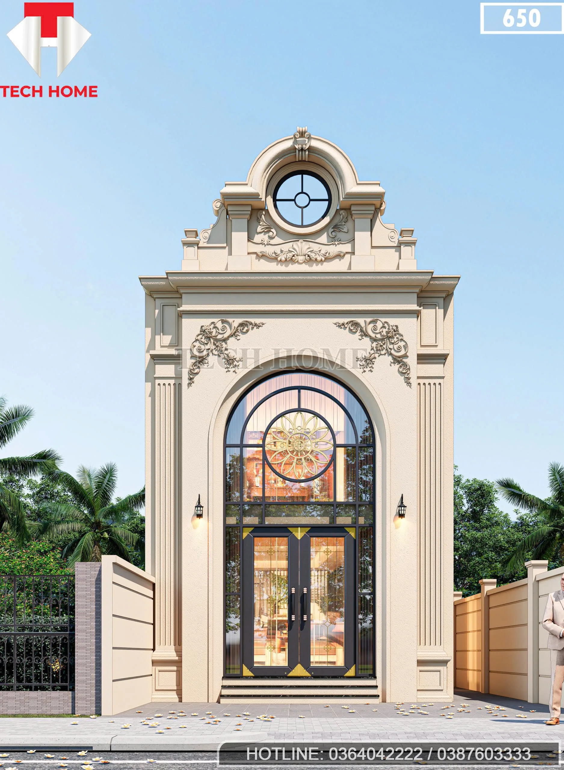 Phối cảnh mặt tiền mẫu nhà ống 2 tầng tân cổ điển sang trọng tại Hưng Yên.