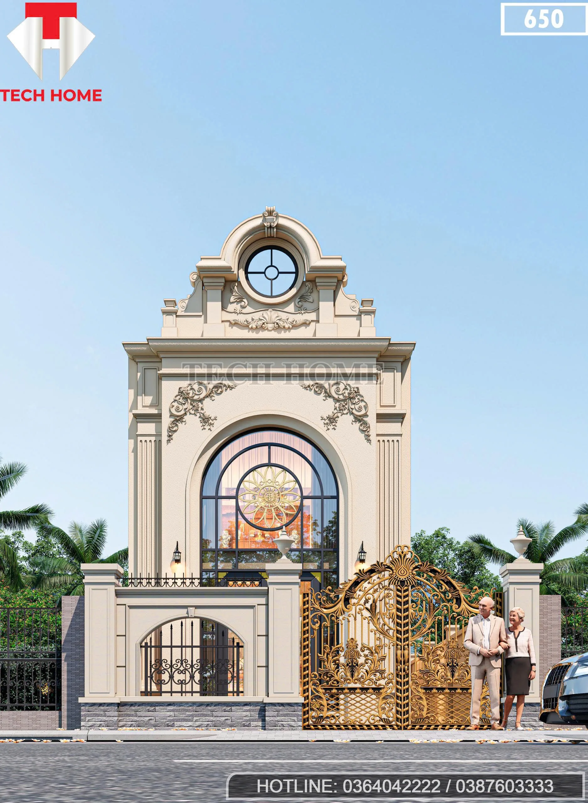 Tổng quát nhà ống 2 tầng tân cổ điển kết hợp cổng nhôm đúc và hệ cửa kính vòm lớn lấy sáng.