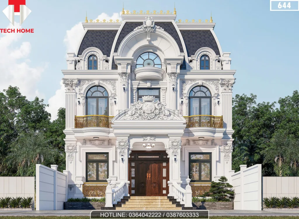 Phối cảnh mặt tiền mẫu biệt thự 2 tầng tân cổ điển mái Mansard 135m2 sang trọng tại Vĩnh Phúc.