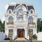 Phối cảnh mặt tiền mẫu biệt thự 2 tầng tân cổ điển mái Mansard 135m2 sang trọng tại Vĩnh Phúc.