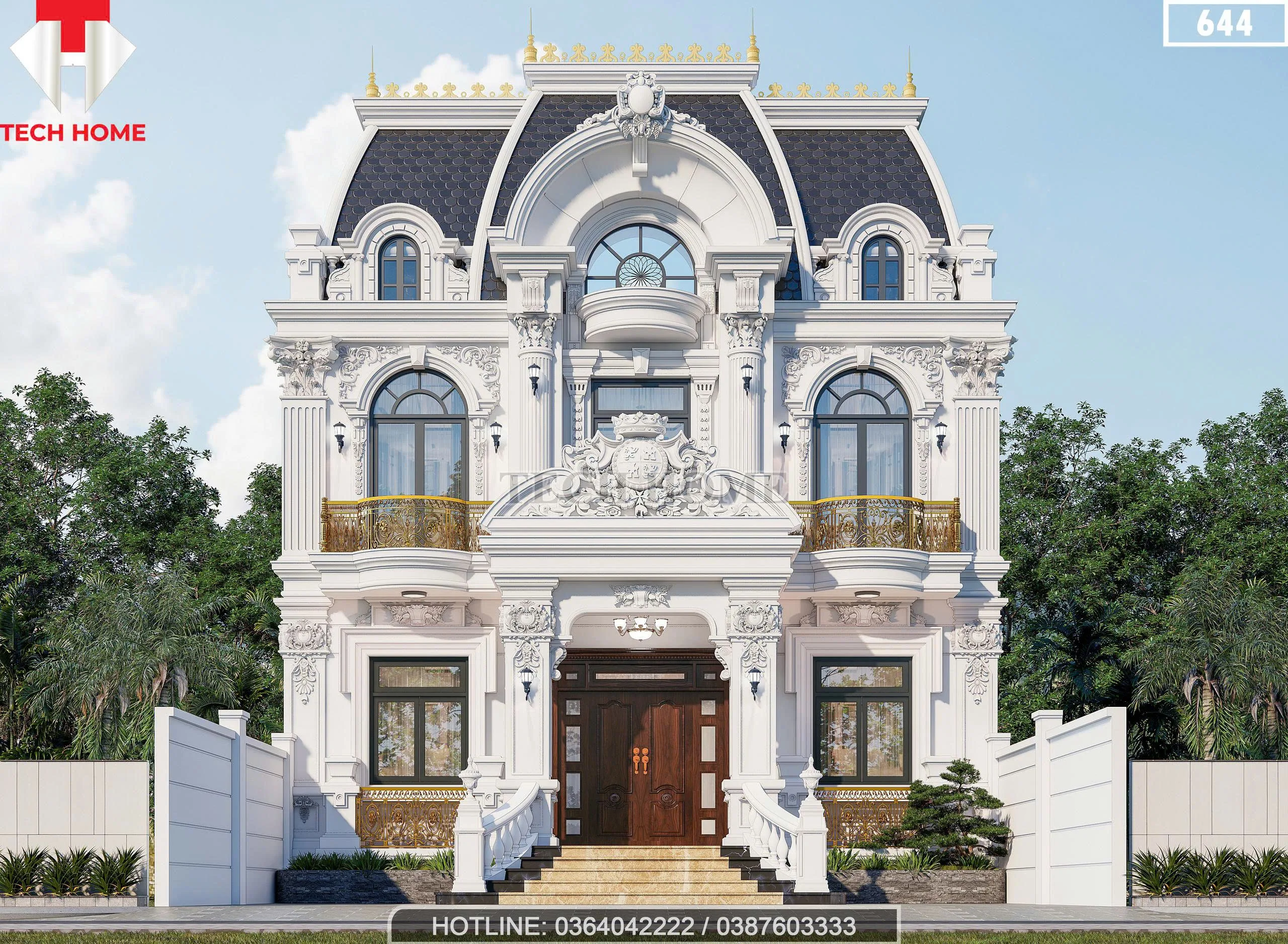 Phối cảnh mặt tiền mẫu biệt thự 2 tầng tân cổ điển mái Mansard 135m2 sang trọng tại Vĩnh Phúc.