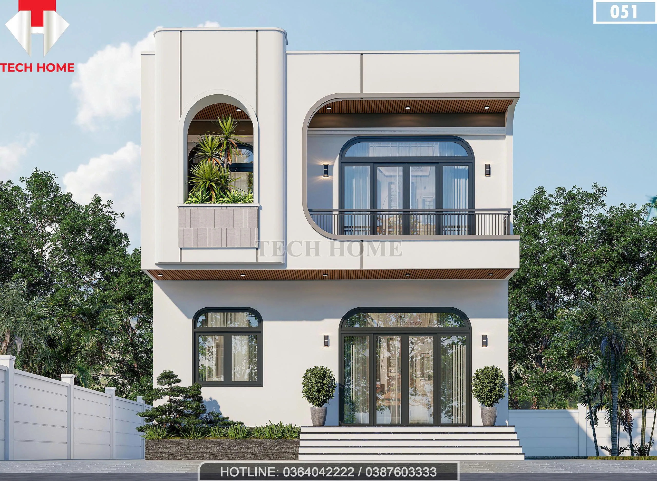 Phối cảnh mặt tiền mẫu nhà 2 tầng hiện đại 8x11m thiết kế bo góc độc đáo tại Nghệ An.