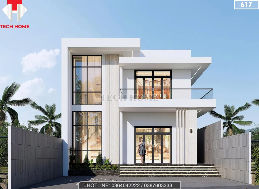 Phối cảnh mặt tiền mẫu nhà 2 tầng hiện đại thiết kế mái bằng sang trọng tại Hải Phòng.