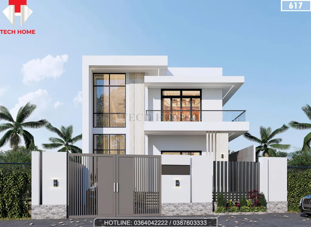 Góc nhìn nghiêng mẫu nhà 2 tầng hiện đại với hệ thống cổng rào kiên cố và lan can kính cường lực.