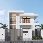 Góc nhìn nghiêng mẫu nhà 2 tầng hiện đại với hệ thống cổng rào kiên cố và lan can kính cường lực.