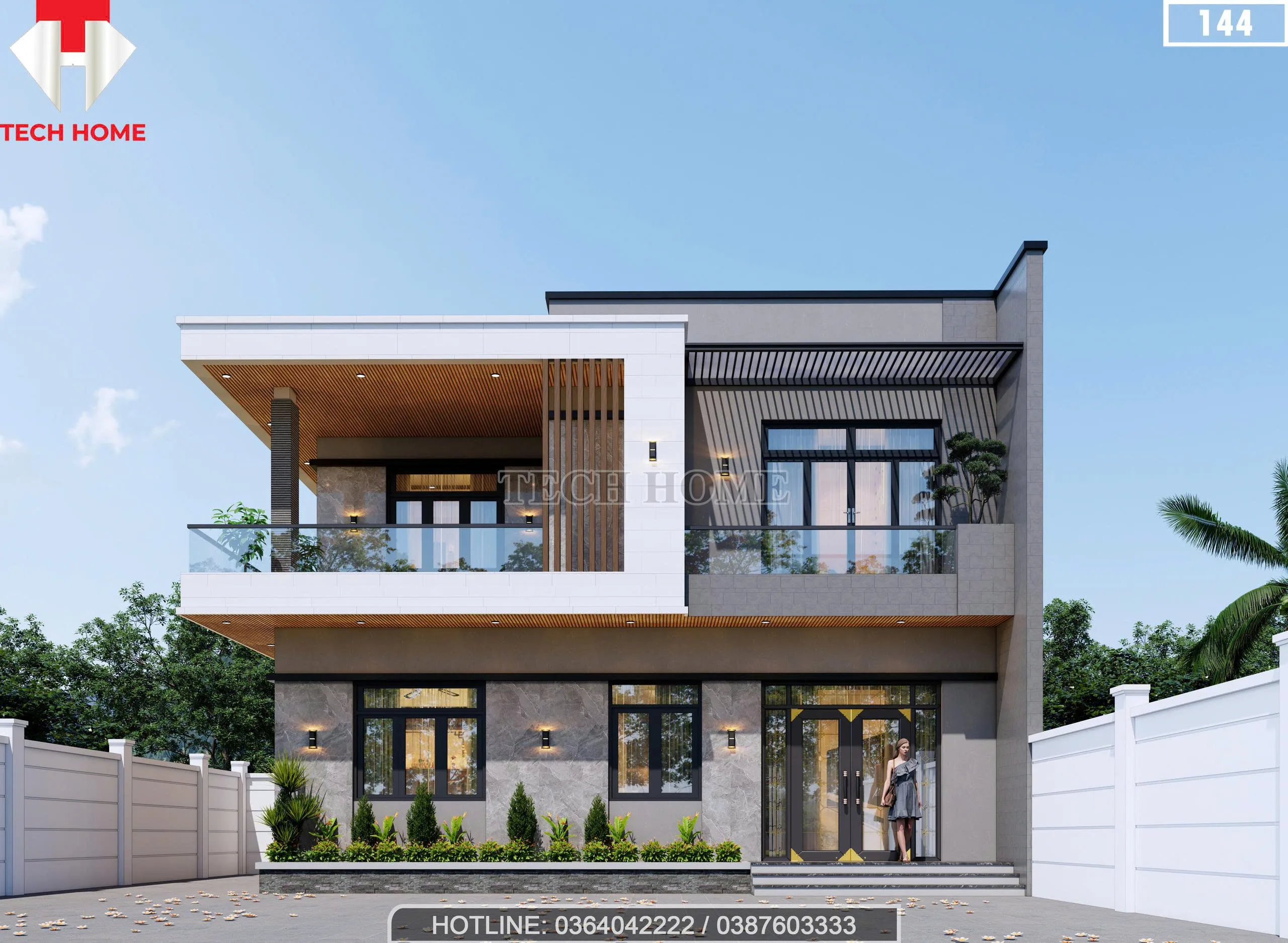 Phối cảnh mặt tiền mẫu nhà 2 tầng hiện đại mái bằng sang trọng tại Bắc Giang.