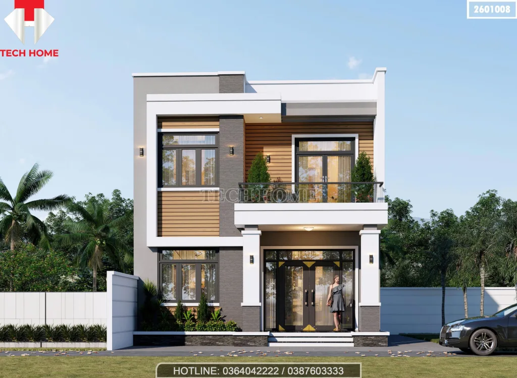 Phối cảnh mặt tiền mẫu nhà 2 tầng mái bằng hiện đại diện tích 88m2 tại Hưng Yên.