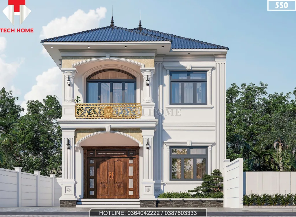 Phối cảnh mặt tiền mẫu nhà 2 tầng mái Nhật hiện đại màu trắng sứ sang trọng