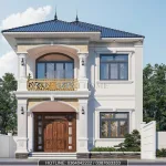 Phối cảnh mặt tiền mẫu nhà 2 tầng mái Nhật hiện đại màu trắng sứ sang trọng