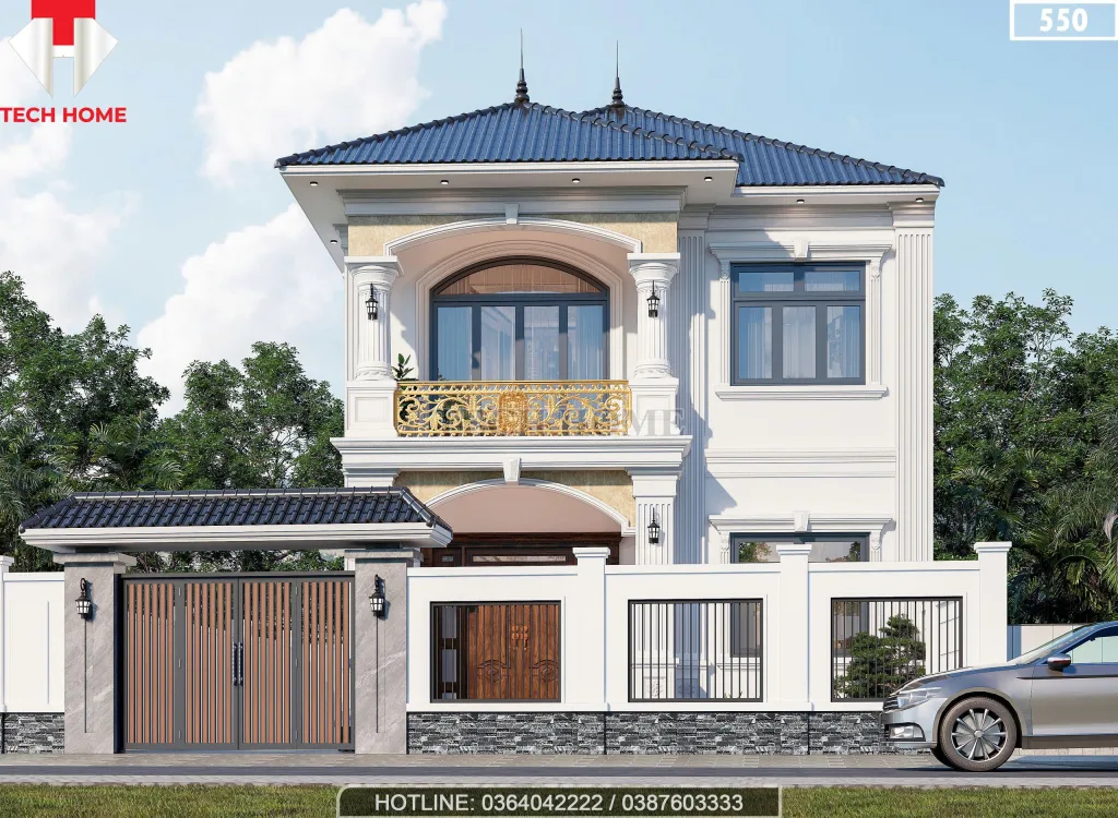 Phối cảnh mặt tiền mẫu nhà 2 tầng mái Nhật hiện đại màu trắng sứ kết hợp cổng rào sang trọng tại Hải Dương.